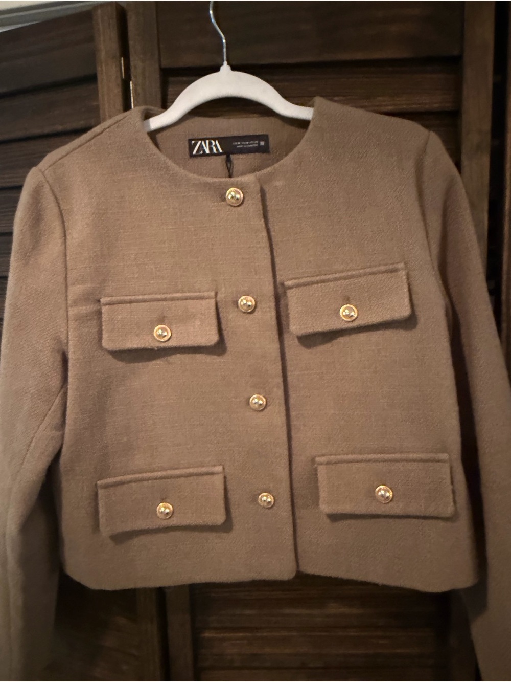 Zara Taupe Cropped Boxy Jacket with Gold Buttons